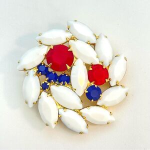 Vintage Red White & Blue Opaque Rhinestone Brooch | Prong Set, Gold Tone, Round